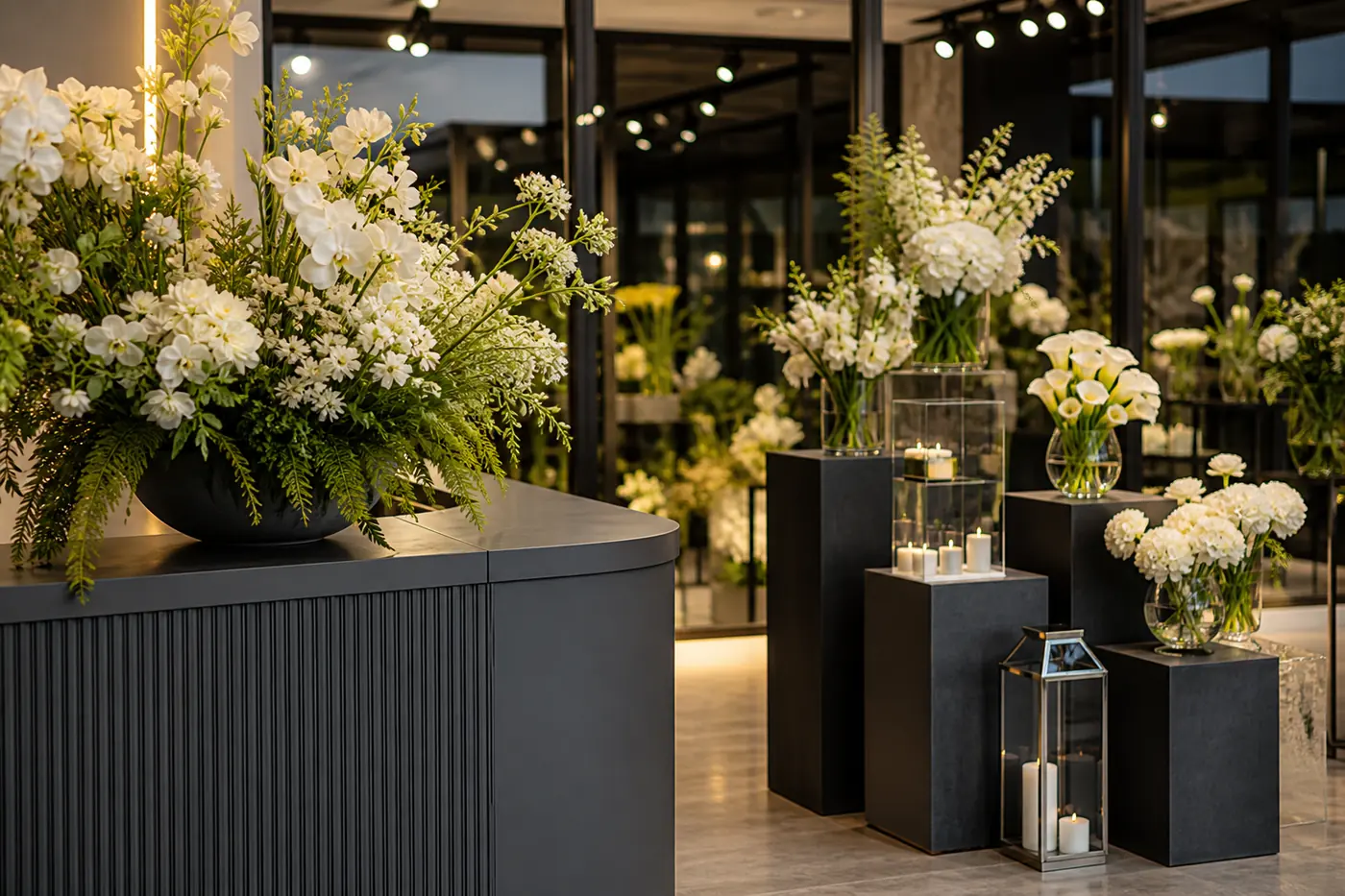 Флористический декор reception и продуктовой зоны стенда