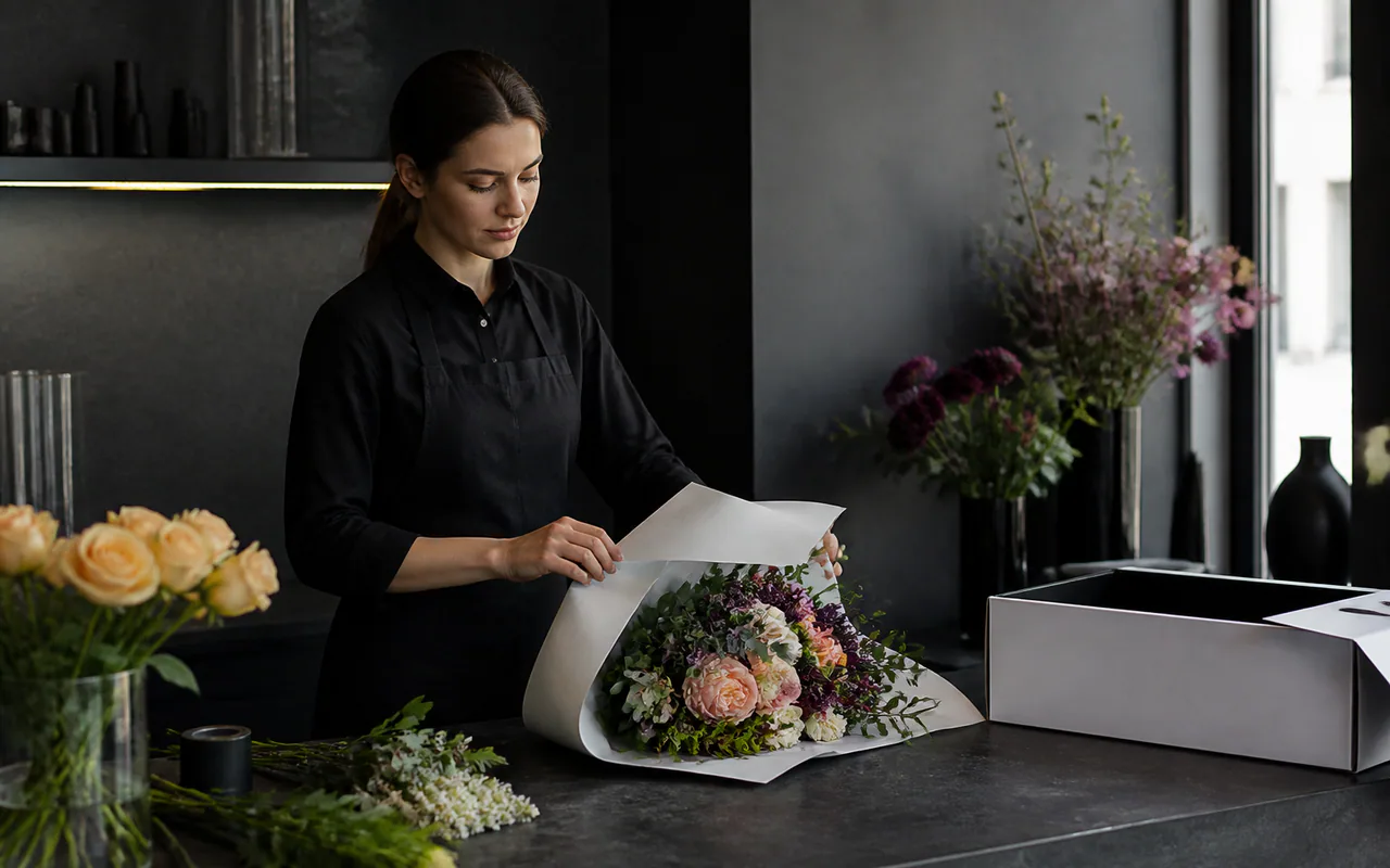 Флорист Marta Flowers пакує авторський букет для доставки у Києві